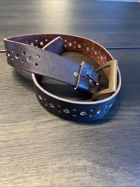 Perforated Dark Brown Leather Belt with Brass Buckle